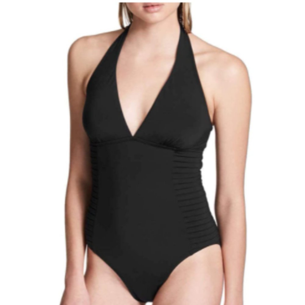 Black Side-Pleated Halter One-Piece Swimsuit